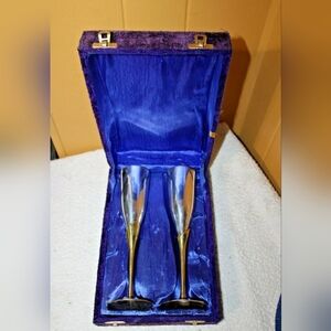 Set of 2 Vint. Solid Brass Stemmed Tulip CHAMPAGNE FLUTES In Velvet Box
